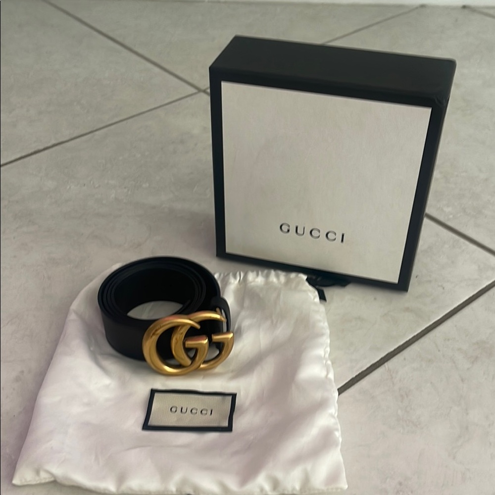 Gucci Black and Gold Belt with Iconic Double G Buckle